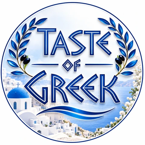 Taste of Greek emblem with olive branches, blue waves, and Greek lettering