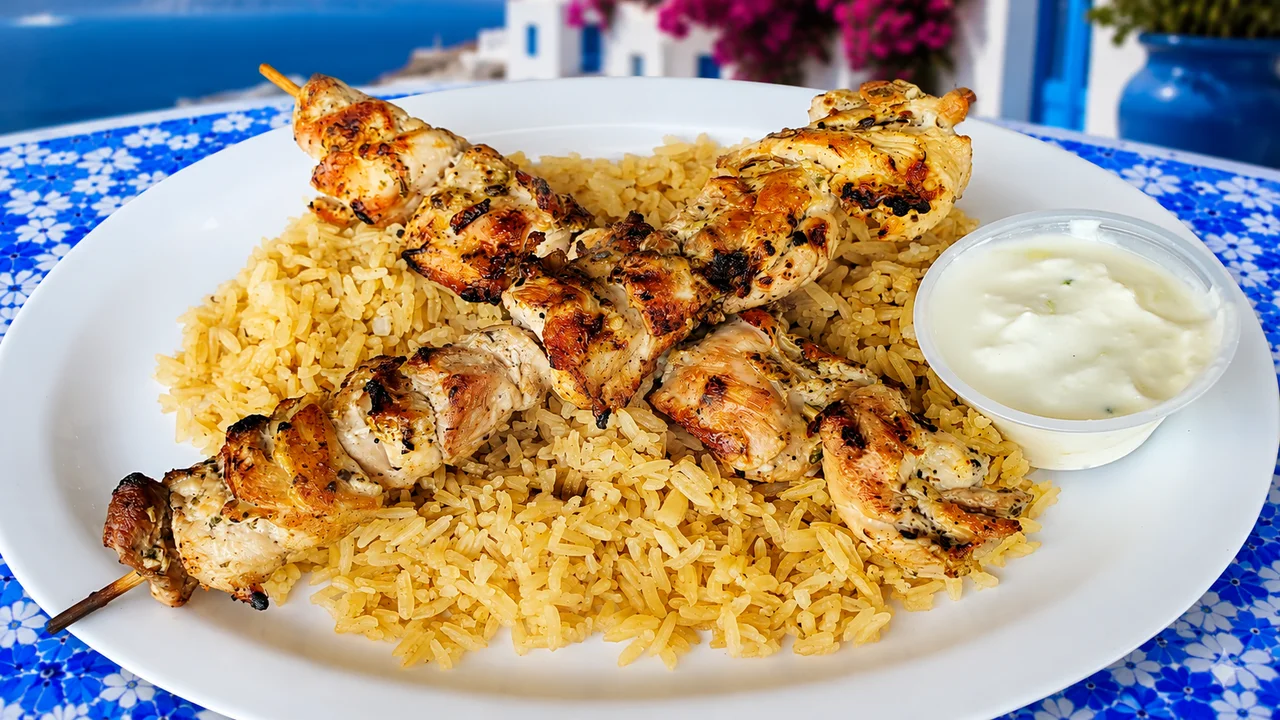 Grilled chicken kabob skewers served over rice pilaf