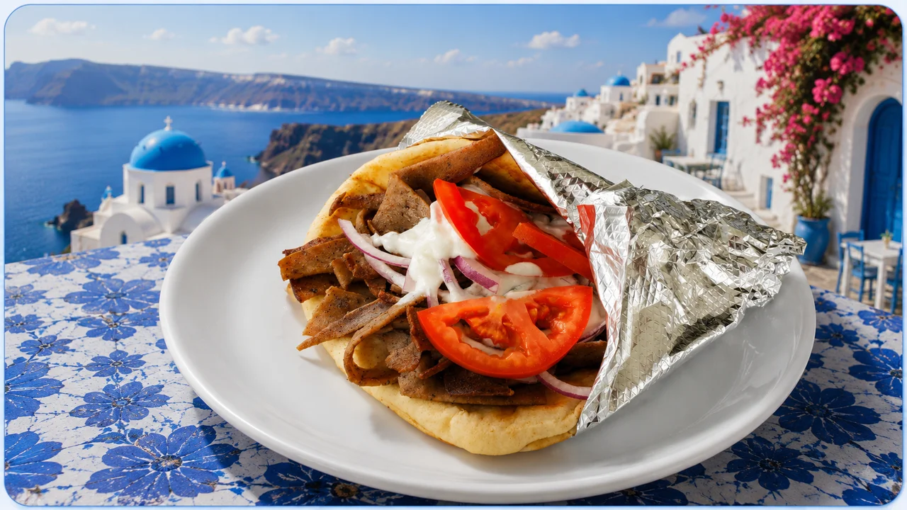 Taste of Greek’s classic gyro with sliced meat, tomato, red onion, and tzatziki in warm pita