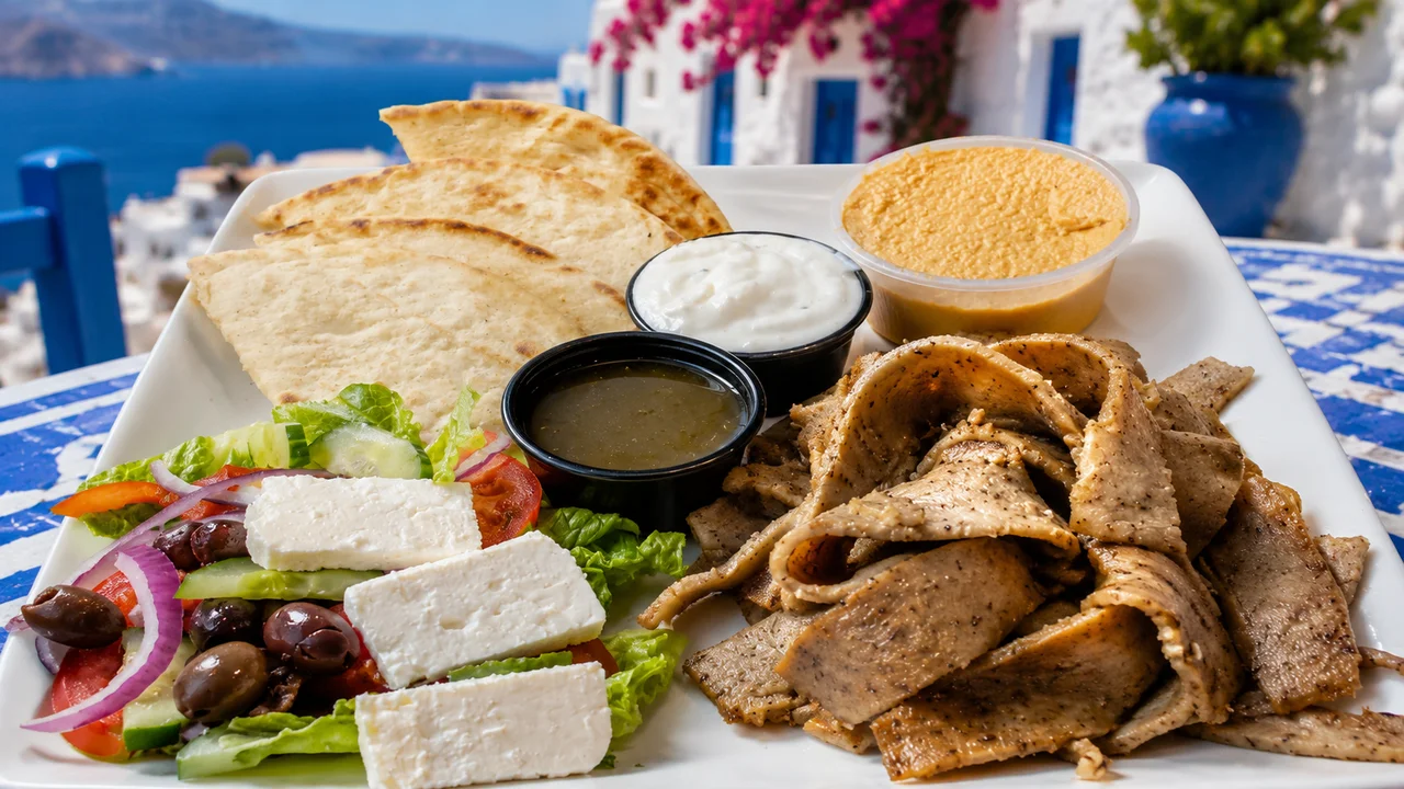 Gyro plate with pita, meat, salad, hummus, and tzatziki