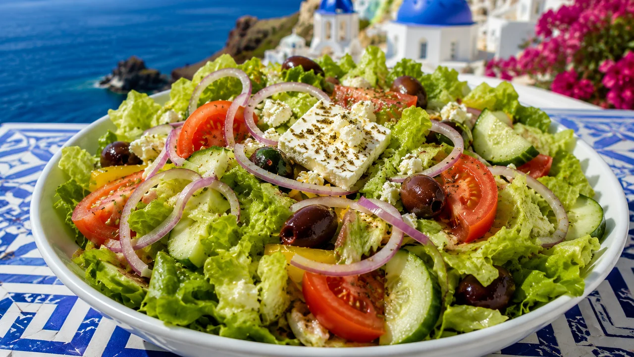 Greek salad topped with feta, olives, and vegetables